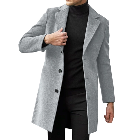 Men British Style Slim Fit Mid-Length Overcoat Business Casual Polyester Solid Color Lapel Single Breasted Warm Coat Outerwear