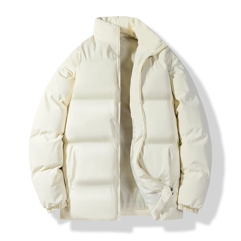 Men Winter Stand Collar Puffer Jacket Thickened Warm Polyester Padded Coat Solid Color Casual Windproof Outerwear For Daily Wear