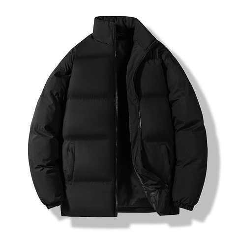Men Winter Stand Collar Puffer Jacket Thickened Warm Polyester Padded Coat Solid Color Casual Windproof Outerwear For Daily Wear