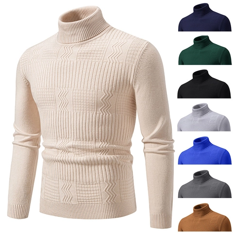 Men Turtleneck Knitted Sweater Geometric Texture Slim Fit Long Sleeve Pullover Autumn Winter Warm Modal Spandex Knitwear