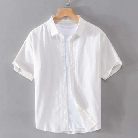 Chemise Homme Été en Coton Oxford Manches Courtes Décontracté Vintage Couleur Unie Col Rabattu Haut Minimaliste