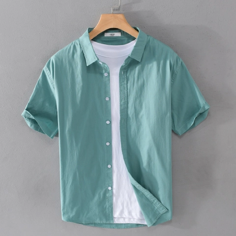 Chemise Homme Été en Coton Oxford Manches Courtes Décontracté Vintage Couleur Unie Col Rabattu Haut Minimaliste