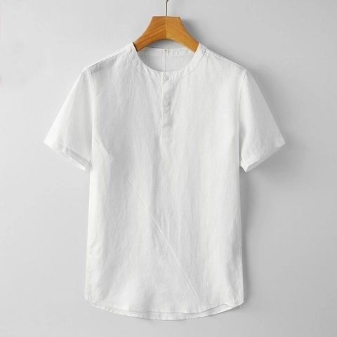 Camisa Casual de Lino para Hombre Estilo Chino Manga Corta Cuello Alto Henley Top Color Sólido Transpirable Verano