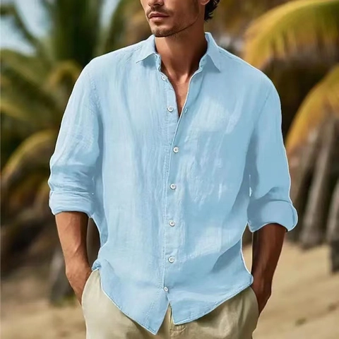 Men Casual Cotton Blend Shirt Loose Fit Long Sleeve Lapel Button Down Solid Color Patchwork Resort Style Beach Wear Top