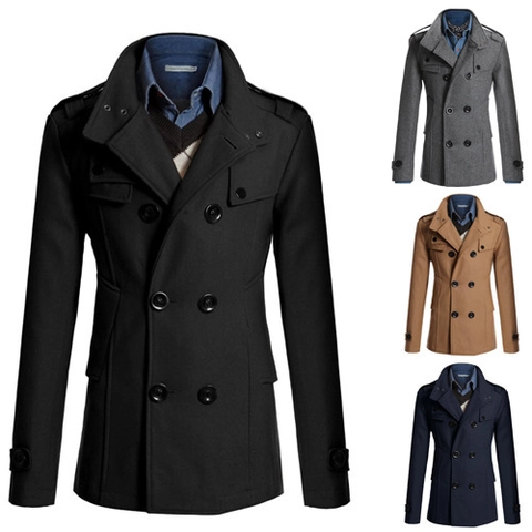 Manteau en Laine Mi-Long pour Hommes Double Boutonnage Col Montant Style Britannique Coupe Ajustée Pea Coat Trench d'Hiver Chaud avec Épaulettes