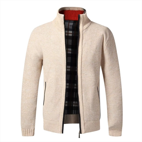 Herren Verdickte Fleecegefütterte Strickjacke Stehkragen Reißverschluss Rippenstrick Wollmischung Jacke Für Ältere Männer Winter