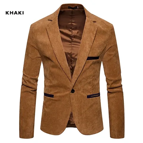 Herren Casual Cord Sakko Jacke Einreihig Revers Polyester Slim Fit Blazer Mit Kontrast-Taschen Für Herbst