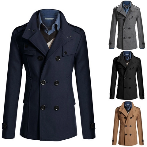 Men's Winter Slim Fit Double Breasted Stand Collar Wool Blend Trench Coat Long Overcoat With Epaulettes And Zipper Pocket