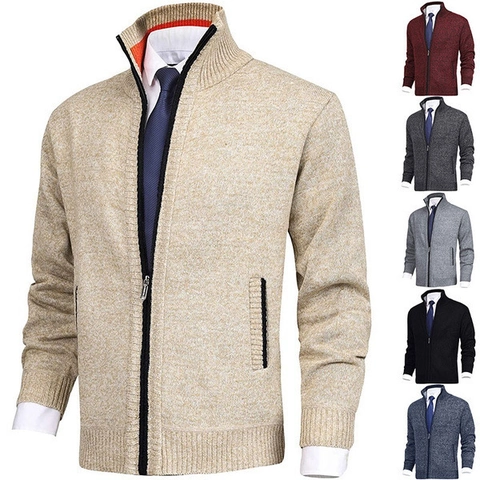 Men Fashion Stand Collar Cardigan Knit Jacket Cotton Blend Full Zipper Casual Solid Color Sweater Coat For Autumn Winter Teens Men