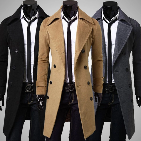 Men's Luxury Double-Breasted Long Woolen Coat Business Casual Notch Lapel Overcoat Slim Fit Cotton Blend Winter Jacket