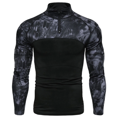 T-Shirt Homme Tactique Extérieur Camouflage Manches Courtes Col Montant Quart de Fermeture Éclair Haute Élasticité Entraînement Fitness Top
