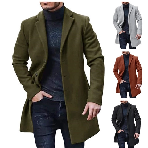 Manteau Homme Style Britannico Épais Mi-Long Coupe-Vent Veste Pour Hiver Automne Manteau Polyester Couleur Unie Top