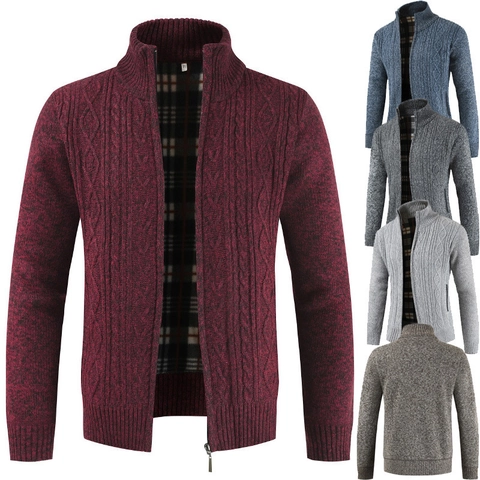Men Cable Knit Cardigan Sweater Fleece Lined Stand Collar Full Zip Cotton Blend Thick Knitted Jacket Top