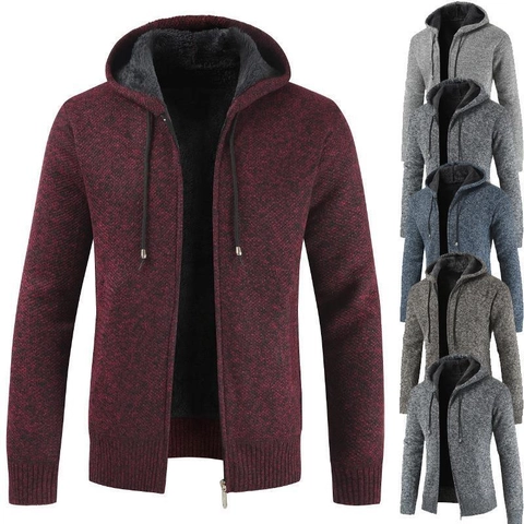 Men Casual Cotton Blend Knitted Hooded Cardigan Fleece Lined Thermal Zip Up Sweater Jacket For Winter Outdoor Urban Fashion