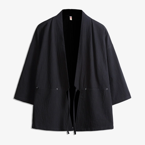 Men Chinese Style Linen Patchwork Kimono Cardigan Seven Quarter Sleeve Hanfu Cloak Open Front Taoist Robe Thin Jacket Top