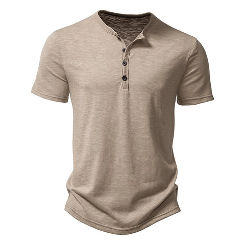 Men's Slub Cotton Henley Shirt Casual Short Sleeve Business Slim Fit Polo T-Shirt Solid Color Summer Top