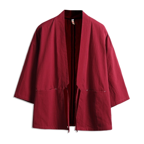Men Chinese Style Linen Patchwork Kimono Cardigan Seven Quarter Sleeve Hanfu Cloak Open Front Taoist Robe Thin Jacket Top
