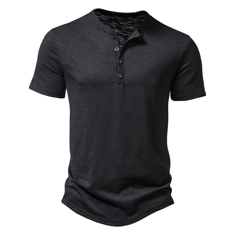 Men's Slub Cotton Henley Shirt Casual Short Sleeve Business Slim Fit Polo T-Shirt Solid Color Summer Top