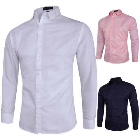 Camisa de Manga Larga para Hombre Corte Ajustado Color Sólido Business Casual con Botones Solapa Camisa Moda Estilo Coreano