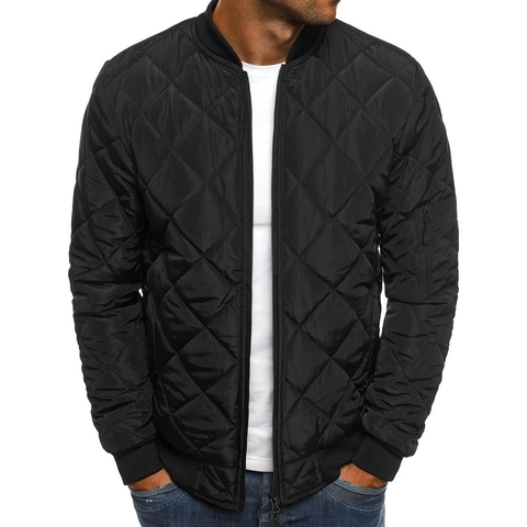 Men's Winter Thickened Padded Jacket Diamond Quilted Bomber Jacket Stand Collar Warm Outerwear Casual Windproof Coats