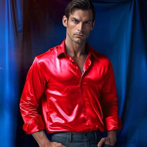 Camisa de Satén de Manga Larga para Hombre Corte Ajustado Cuello Puntiagudo Botonadura Algodón Casual Negocios Formal Color Sólido
