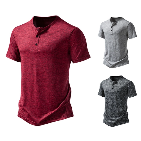 Maglietta a Manica Corta da Uomo Casual Henley Misto Cotone Tinta Unita Morbida Traspirante Sportiva Canotta Top per Estate Quotidiana