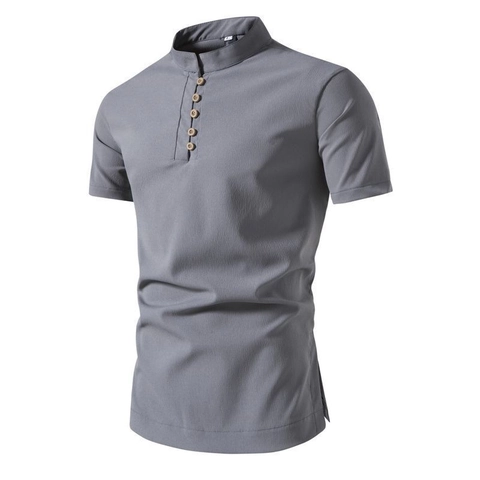 Camicia Henley da Uomo in Stile Cinese Retrò in Misto Cotone con Colletto alla Coreana Manica Corta Slim Fit Top