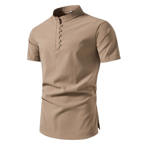 Camicia Henley da Uomo in Stile Cinese Retrò in Misto Cotone con Colletto alla Coreana Manica Corta Slim Fit Top