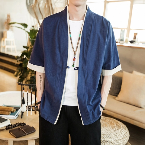 Chinese Style Men Linen Cardigan Frog Button Five-Quarter Sleeve Patchwork Top Retro Casual Hanfu Shirt