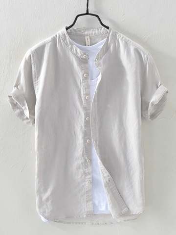 Men's Casual Cotton Linen Short Sleeve Shirt Fresh Stand Collar Single Breasted Loose Top Solid Color Summer Shirt