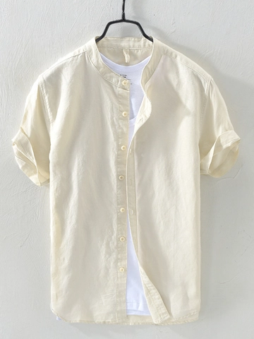 Men's Casual Cotton Linen Short Sleeve Shirt Fresh Stand Collar Single Breasted Loose Top Solid Color Summer Shirt