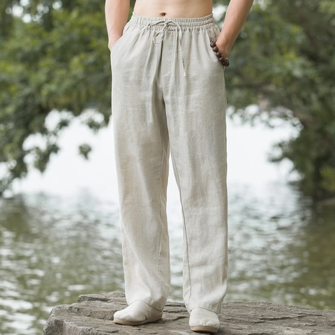 Pantalon de Loisirs en Coton et Lin pour Hommes Style Chinois Coupe Droite Ample Respirant Mince Cordon de Serrage Plage été