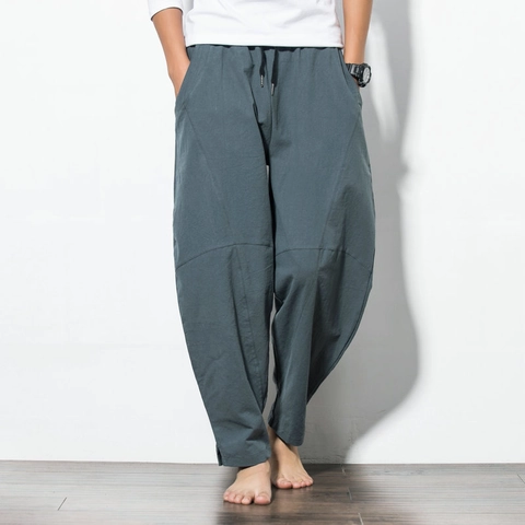 Men's Chinese Style Harem Pants Cotton Linen Blend Loose Fit Wide Leg Casual Beach Trousers Drawstring Plus Size Bottom
