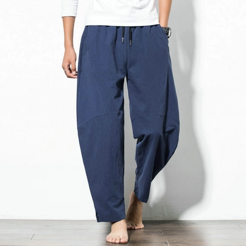 Men's Chinese Style Harem Pants Cotton Linen Blend Loose Fit Wide Leg Casual Beach Trousers Drawstring Plus Size Bottom