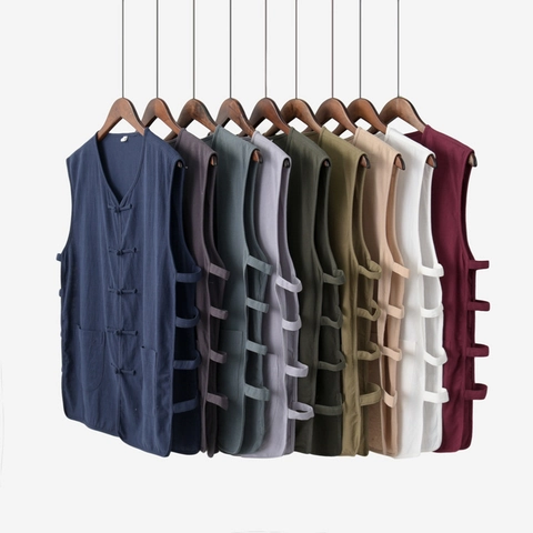 Herren Retro Chinesischer Stil Baumwolle Leinen Weste Froschknopf V-Ausschnitt Ärmelloses Top Plus Size Lässiges Weste