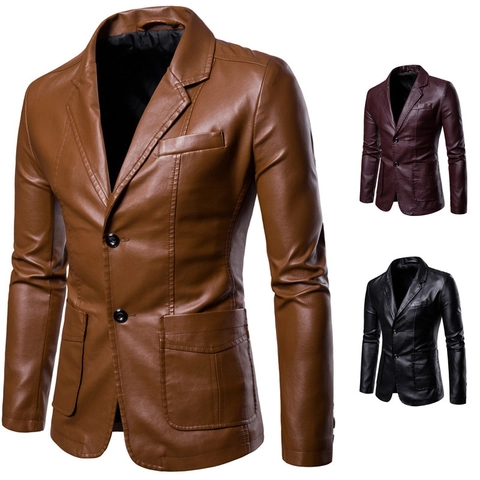 Men Slim Fit PU Leather Blazer Jacket Notch Lapel Business Casual Biker Outerwear Solid Color Long Sleeve Coat For Men