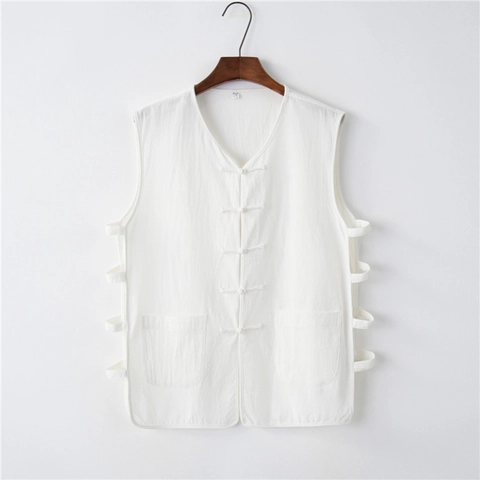 Herren Retro Chinesischer Stil Baumwolle Leinen Weste Froschknopf V-Ausschnitt Ärmelloses Top Plus Size Lässiges Weste