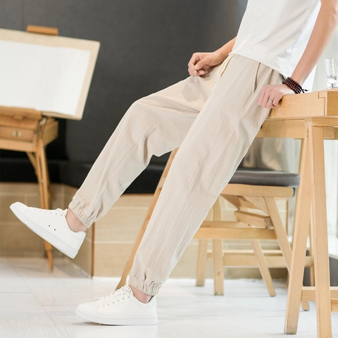 Men Casual Bamboo Fiber Jogger Pants Drawstring Waist Cuffed Ankle Trousers Solid Color Breathable Summer Nine-Point Pants