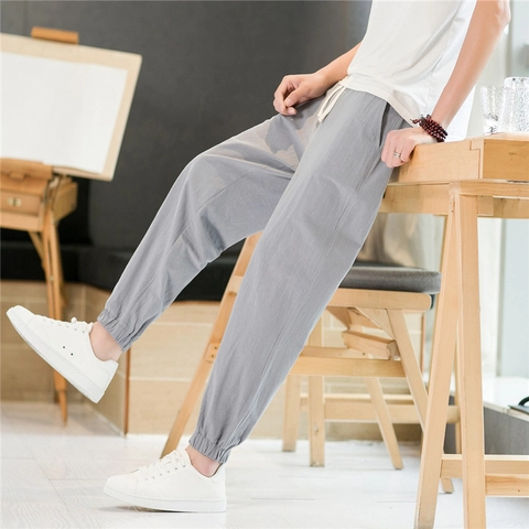 Men Casual Bamboo Fiber Jogger Pants Drawstring Waist Cuffed Ankle Trousers Solid Color Breathable Summer Nine-Point Pants