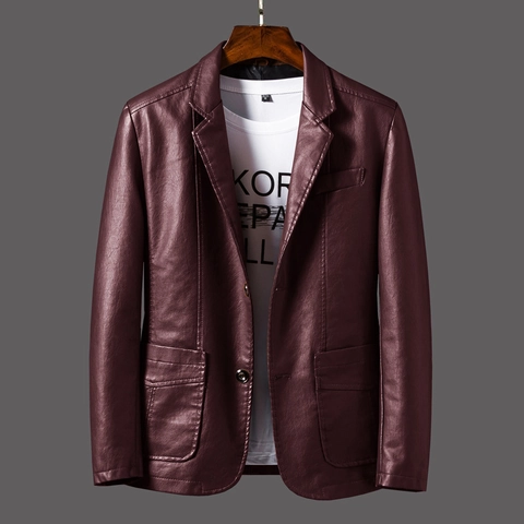 Men Leather Blazer Jacket PU Leather Single Breasted Two Button Blazer Soft Shell Solid Color Slim Fit Blazer For Men Office Business Casual Outerwear Coat