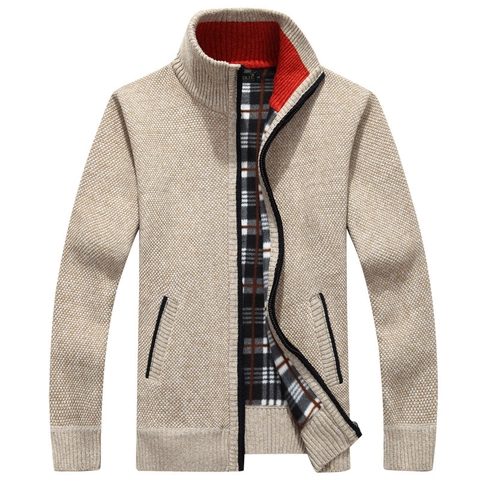 Cardigan en Tricot Doublé Polaire Hiver Homme Pull Col Montant Fermeture Éclair Totale Vêtement d'Extérieur Thermique Manteau Tricoté Chaud