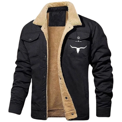 Men's Workwear Jacket Sherpa Lined Fleece Collar Winter Warm Casual Cargo Coat With Bull Head Print Vintage Outerwear