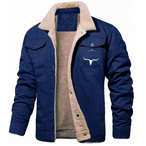 Heren Winter Sherpa Gefütterte Workwear Jacke Schwere Baumwollmischung Revers Einreihig Cargo Mantel Mit Stierkopf Druck
