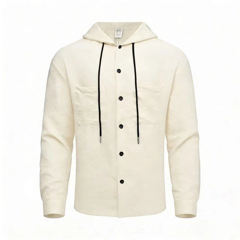 Herren Casual Kapuzenhemd Langarm Polyester Texturiert Einfarbig Button Down Top Für Reisen Party Frühling Herrenbekleidung