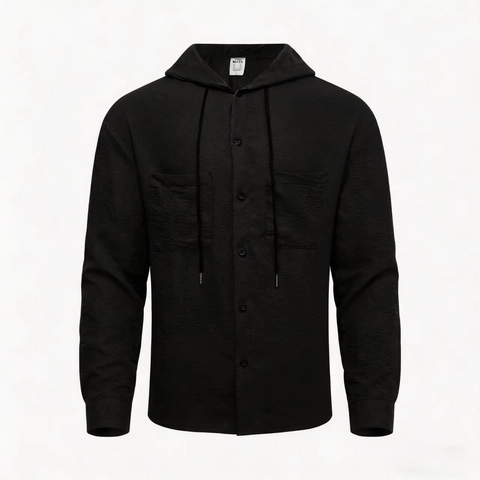 Herren Casual Kapuzenhemd Langarm Polyester Texturiert Einfarbig Button Down Top Für Reisen Party Frühling Herrenbekleidung