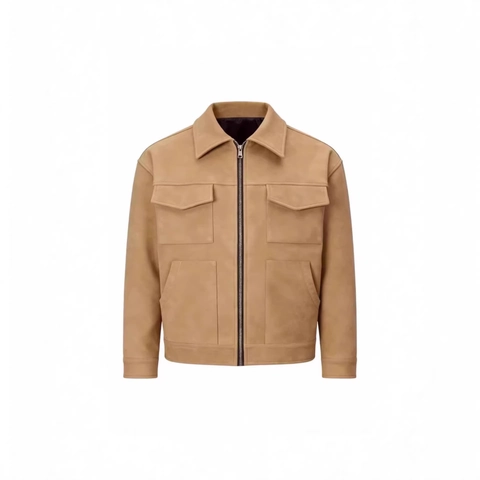 Men Casual Faux Suede Jacket Solid Color Lapel Zipper Outerwear Long Sleeve Coat With Large Flap Pockets For Autumn Winter