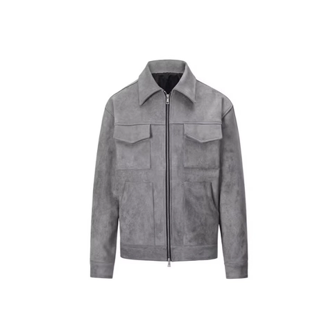 Men Casual Faux Suede Jacket Solid Color Lapel Zipper Outerwear Long Sleeve Coat With Large Flap Pockets For Autumn Winter