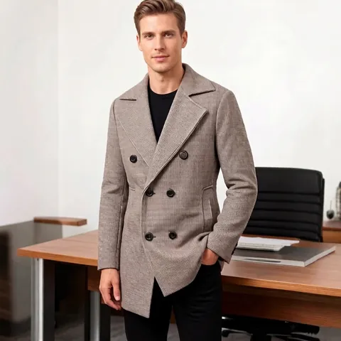 Heren Double Breasted Polyester Jas Hahnentrittpatroon Reverskraag Slim Fit Trenchcoat Business Casual Kantoor Bovenkleding