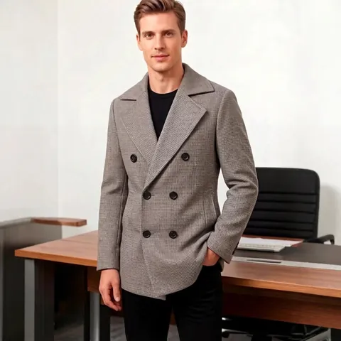 Heren Double Breasted Polyester Jas Hahnentrittpatroon Reverskraag Slim Fit Trenchcoat Business Casual Kantoor Bovenkleding