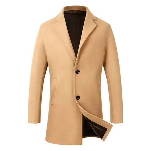 Men's Slim Fit Mid Length Trench Coat Single Breasted Business Casual Overcoat Solid Color Wool Blend Outerwear For Winter